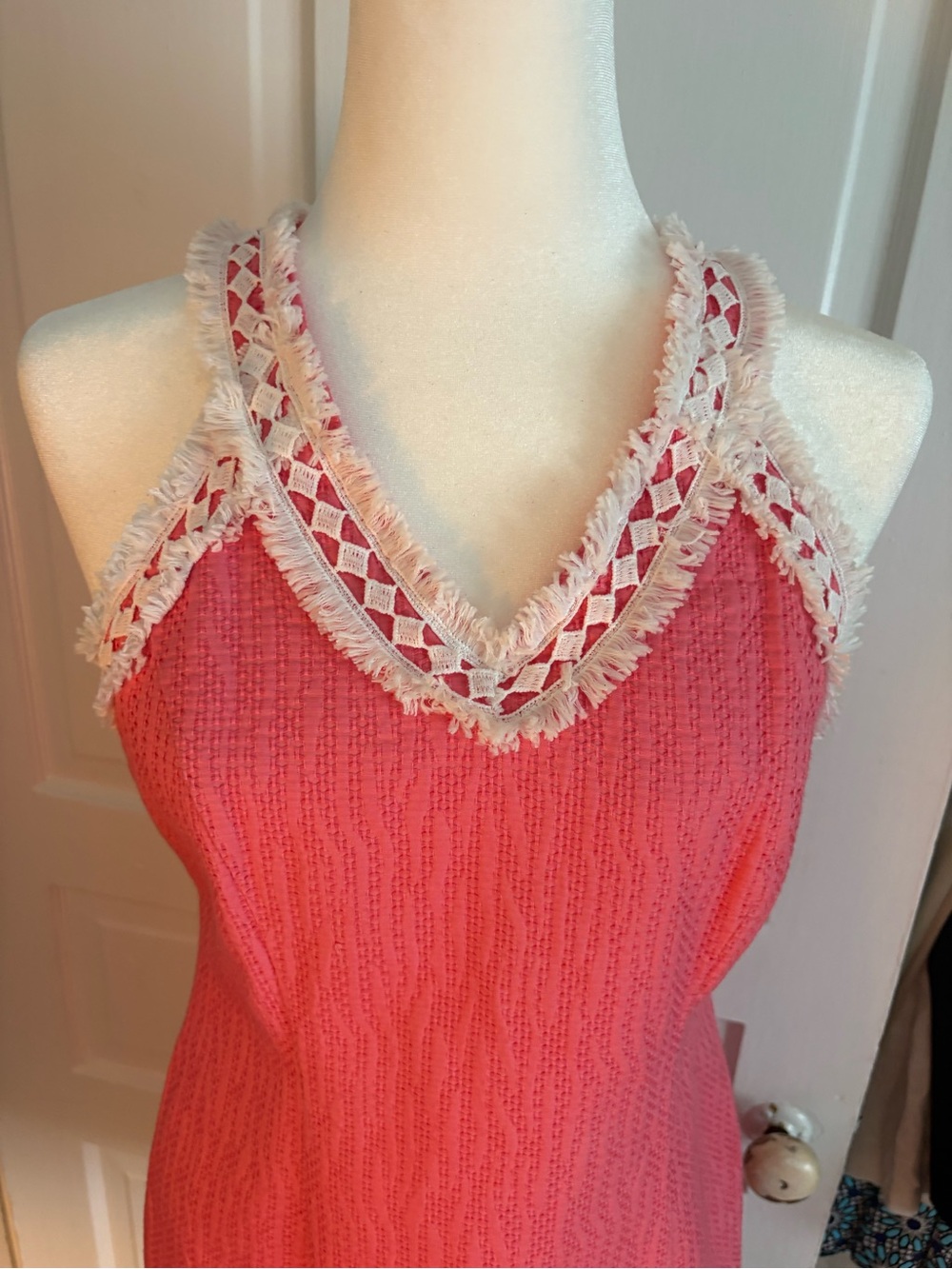 Just Taylor  Coral One-Shoulder Dress with White Crochet Trim